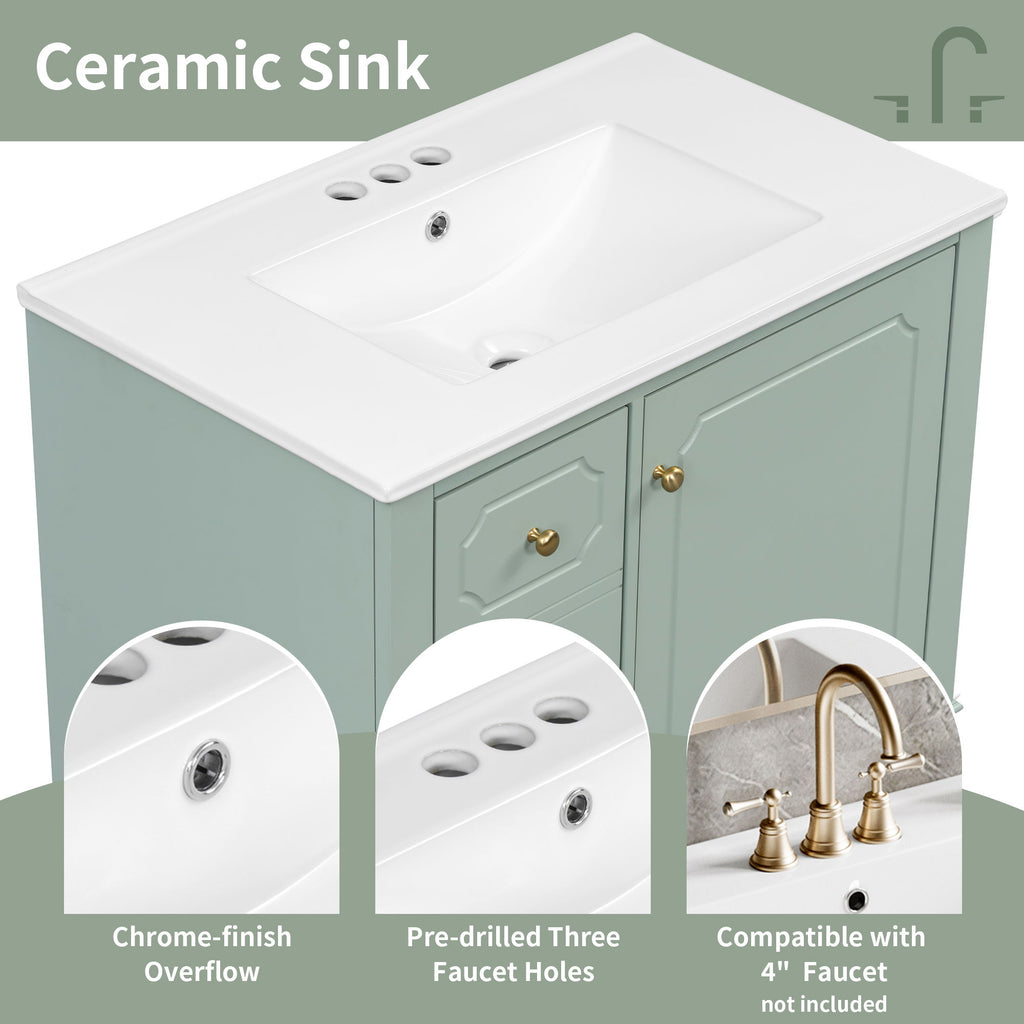 Bathroom Vanity With Sink, Freestanding Vanity Cabinet With Ceramic Basin, Soft Close Door, 3 Drawers