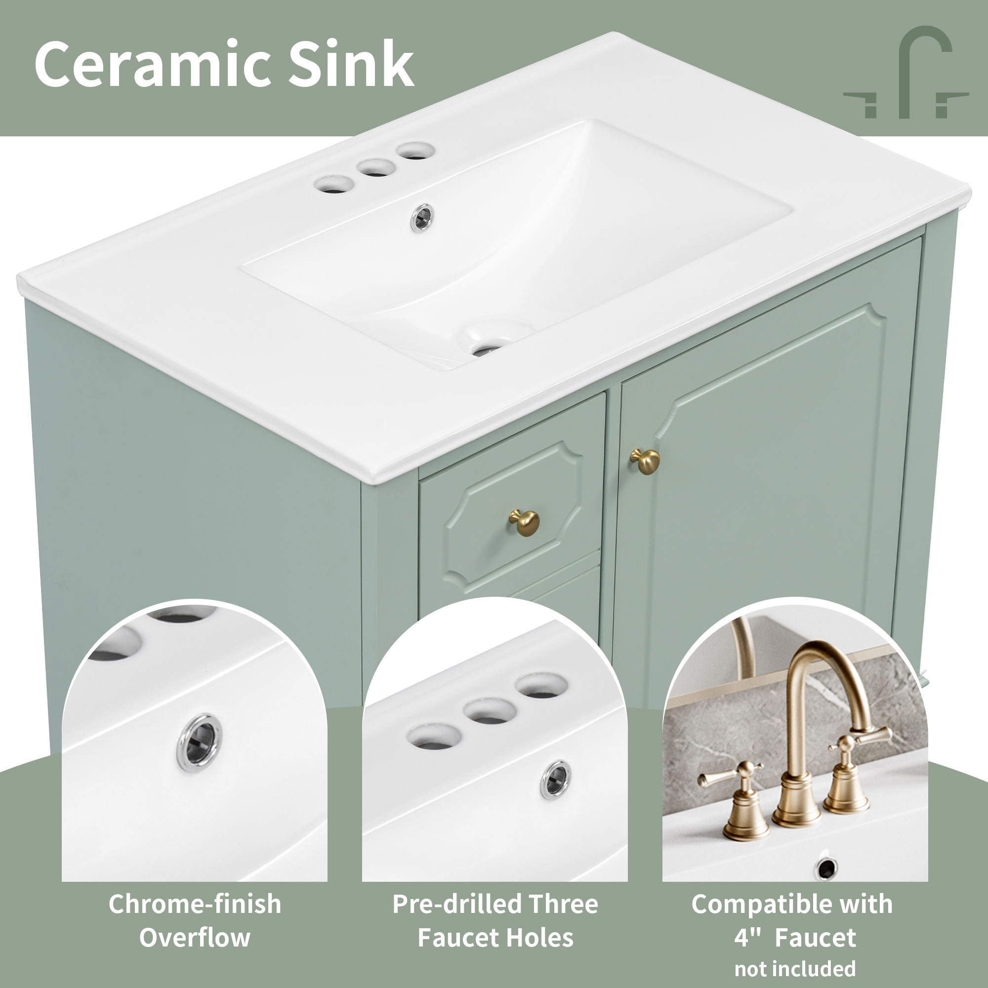 Bathroom Vanity With Sink, Freestanding Vanity Cabinet With Ceramic Basin, Soft Close Door, 3 Drawers