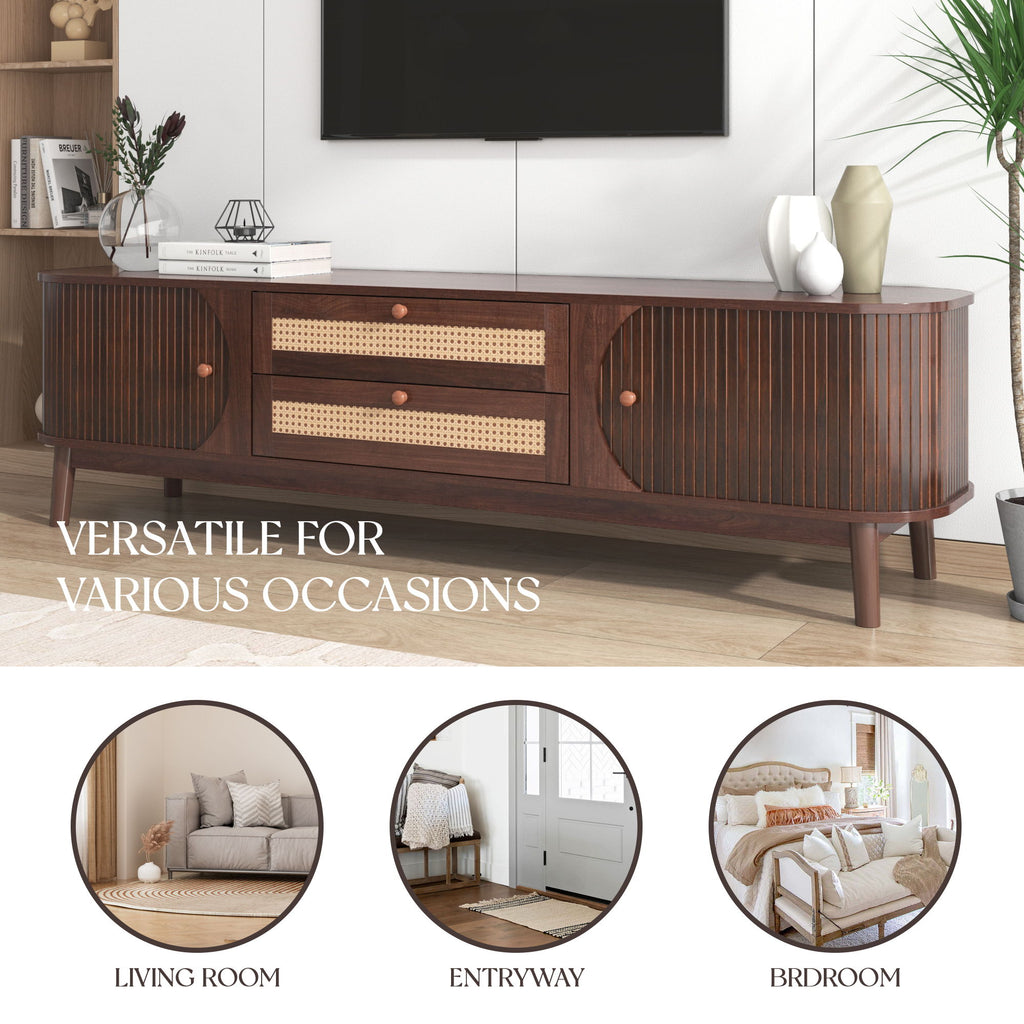 TV Stand For TVs Up To 75'', Cabinet With Drawers And Sliding Doors, Living Room Entertainment Console - Natural Wood / Brown