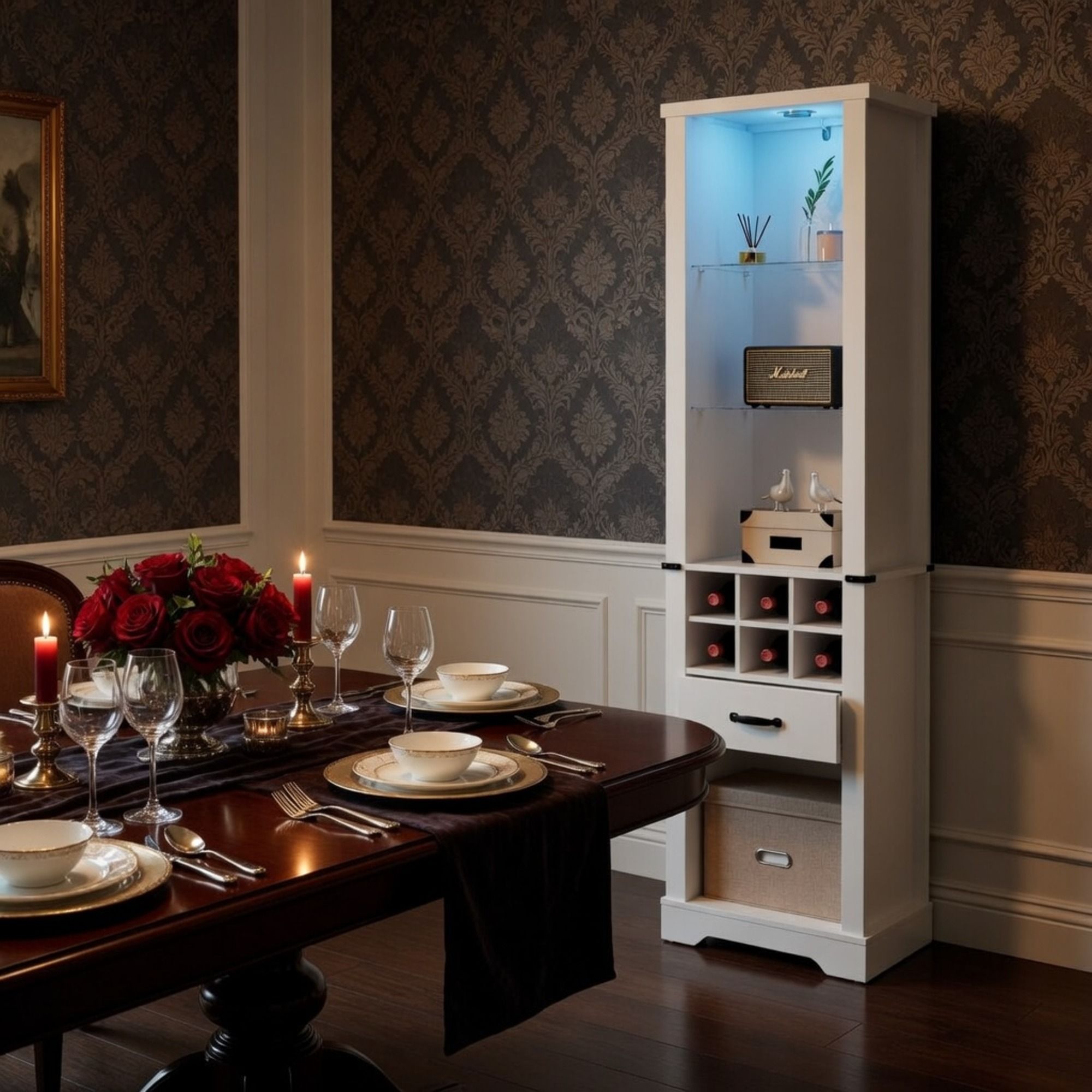 Pantry Cabinet With LED Lights, Wine Rack, Tempered Glass Shelves, And Barn Door Design - White