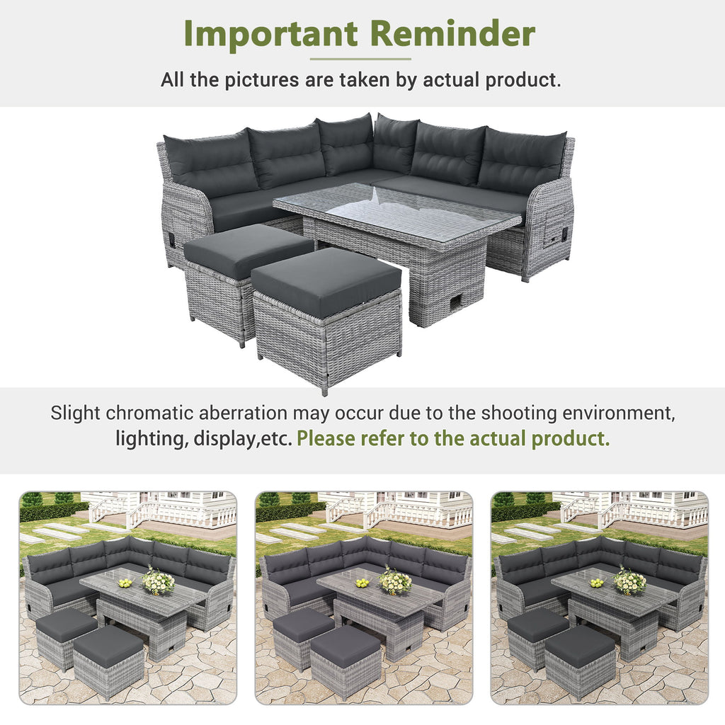 Outdoor Furniture Set Patio Rattan Furniture Set With Adjustable Table, Recliners With Extendable Side Tables And 2 Ottomans
