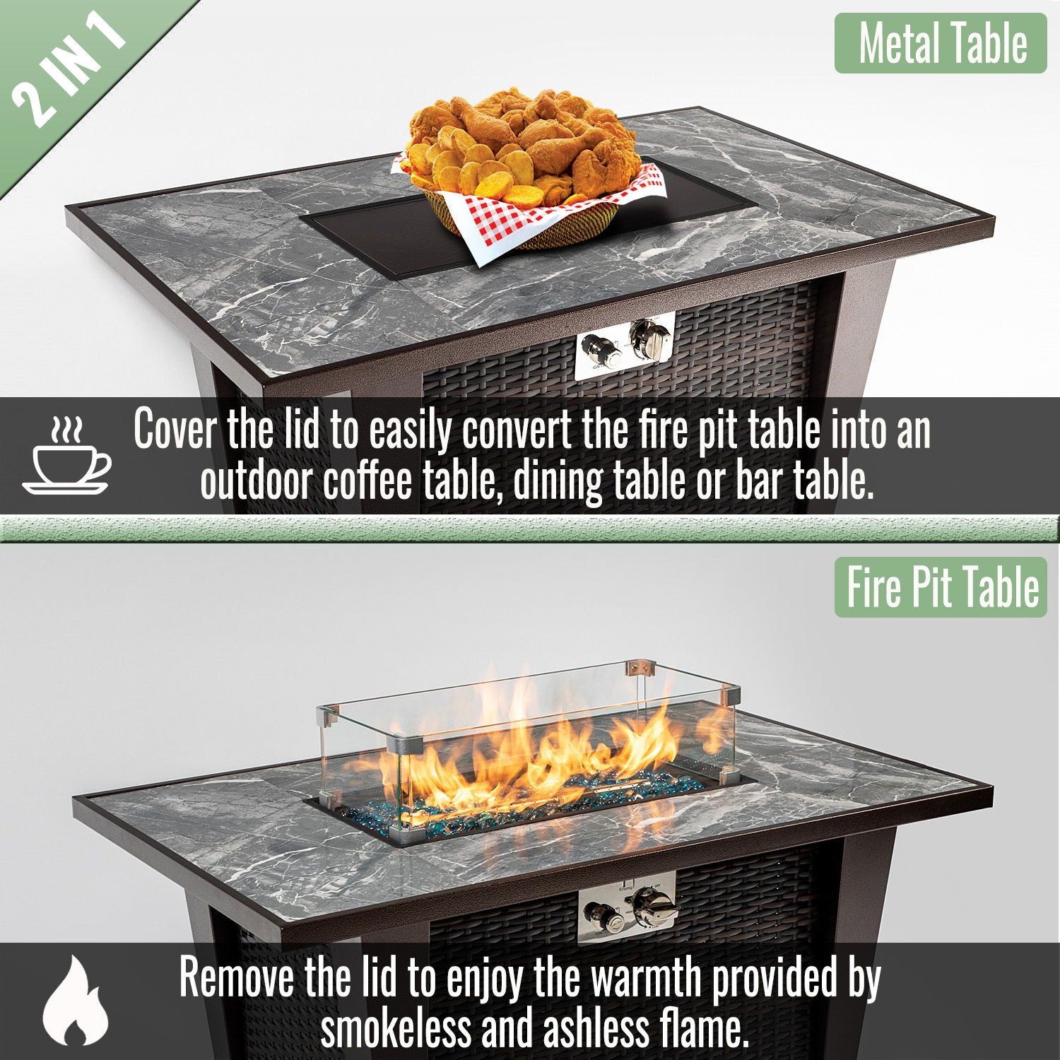 Fire Pit Table, Glass Wind Guard And Rain Cover, Lid - Brown