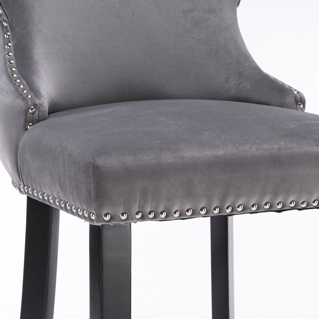 Contemporary Upholstered Wing-Back Barstools With Button Tufted Decoration And Wooden Legs, And Nailhead Trim, Leisure Style Bar Chairs, Bar Stools (Set of 2)