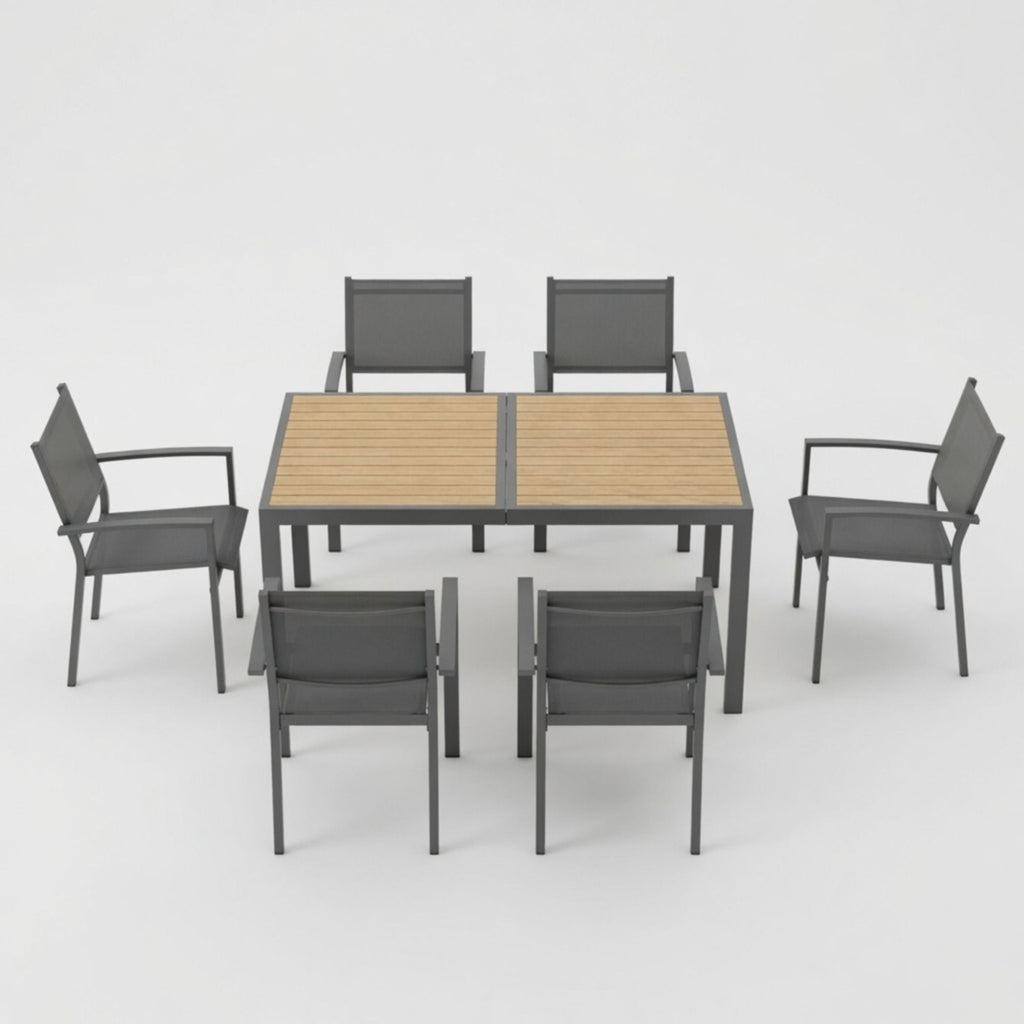 7 Piece Gray Patio Dining Set With Hdps Table And Textilene Chairs For Outdoor Use, Metal Furniture