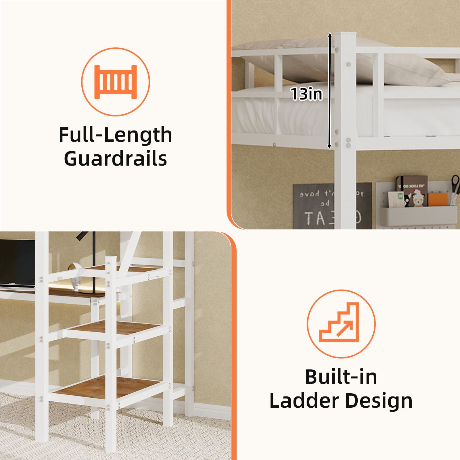 Loft Bed & L-Shaped Desk, Large Storage Space
