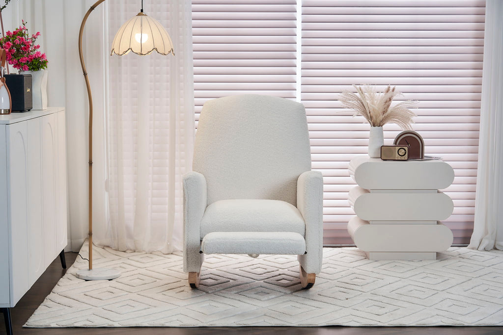 Teddy Fabric Nursery Rocking Chair With Adjustable Footrest - Ivory
