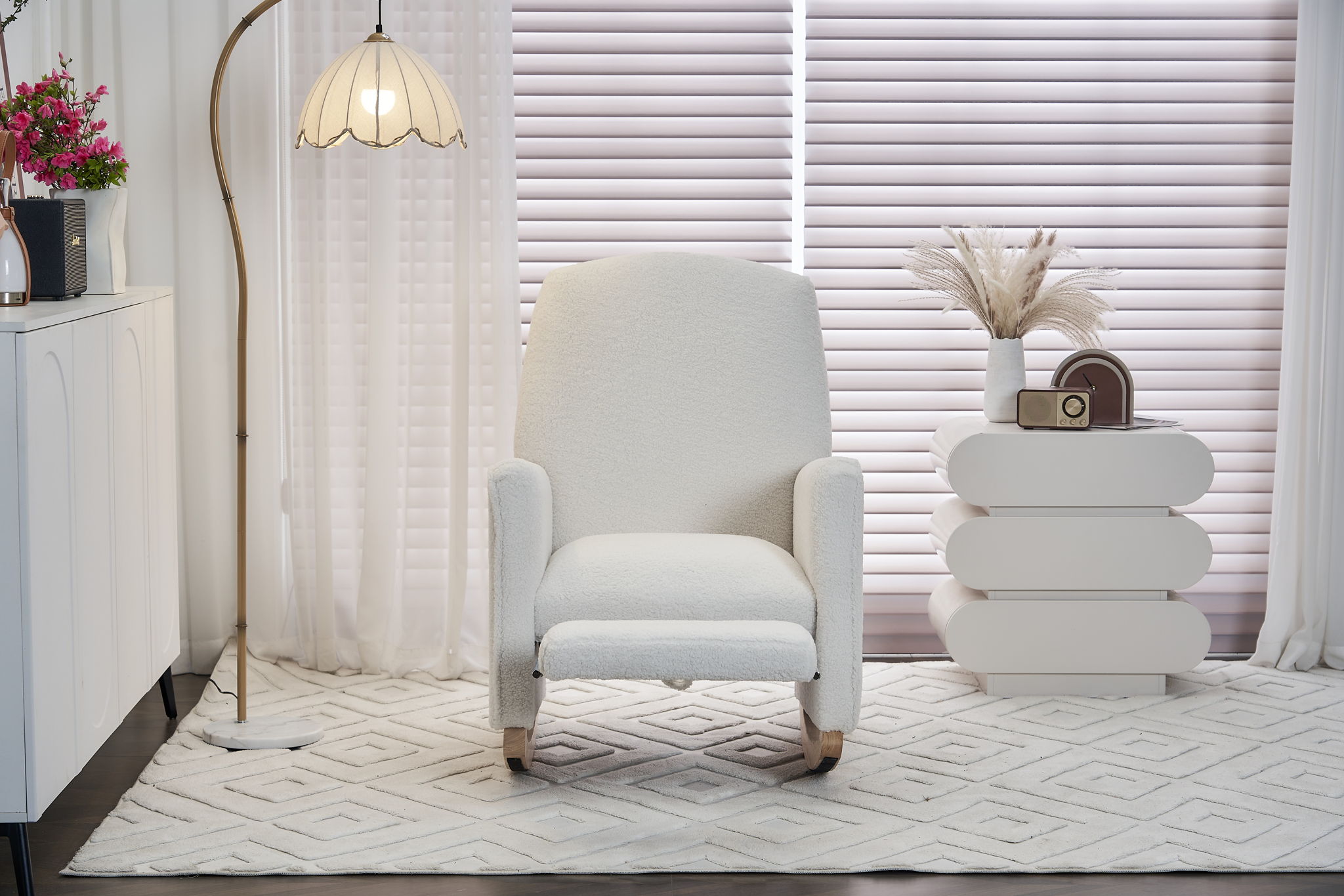 Teddy Fabric Nursery Rocking Chair With Adjustable Footrest - Ivory