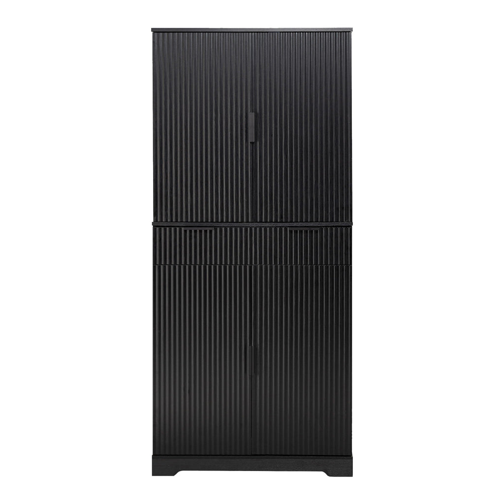 Fluted Kitchen Pantry Cabinet With 3 Keyboard Drawers & 6 Door Shelves Adjustable