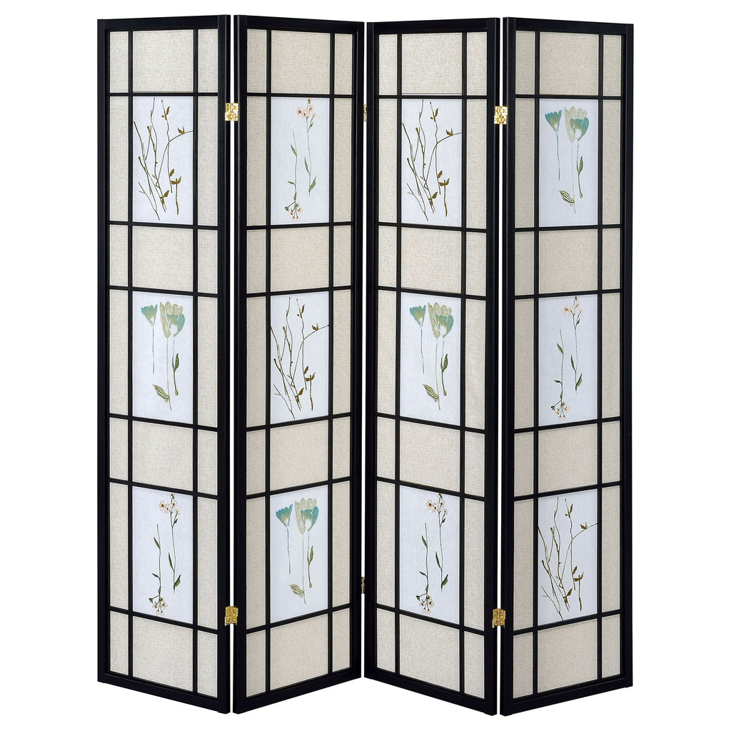 4 Panel Folding Screen With Floral Motif - Black
