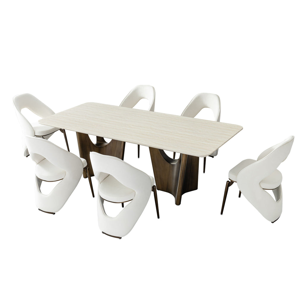 Dining Table Set With Upholstery - Ancient White / Antique Bronze / Beige