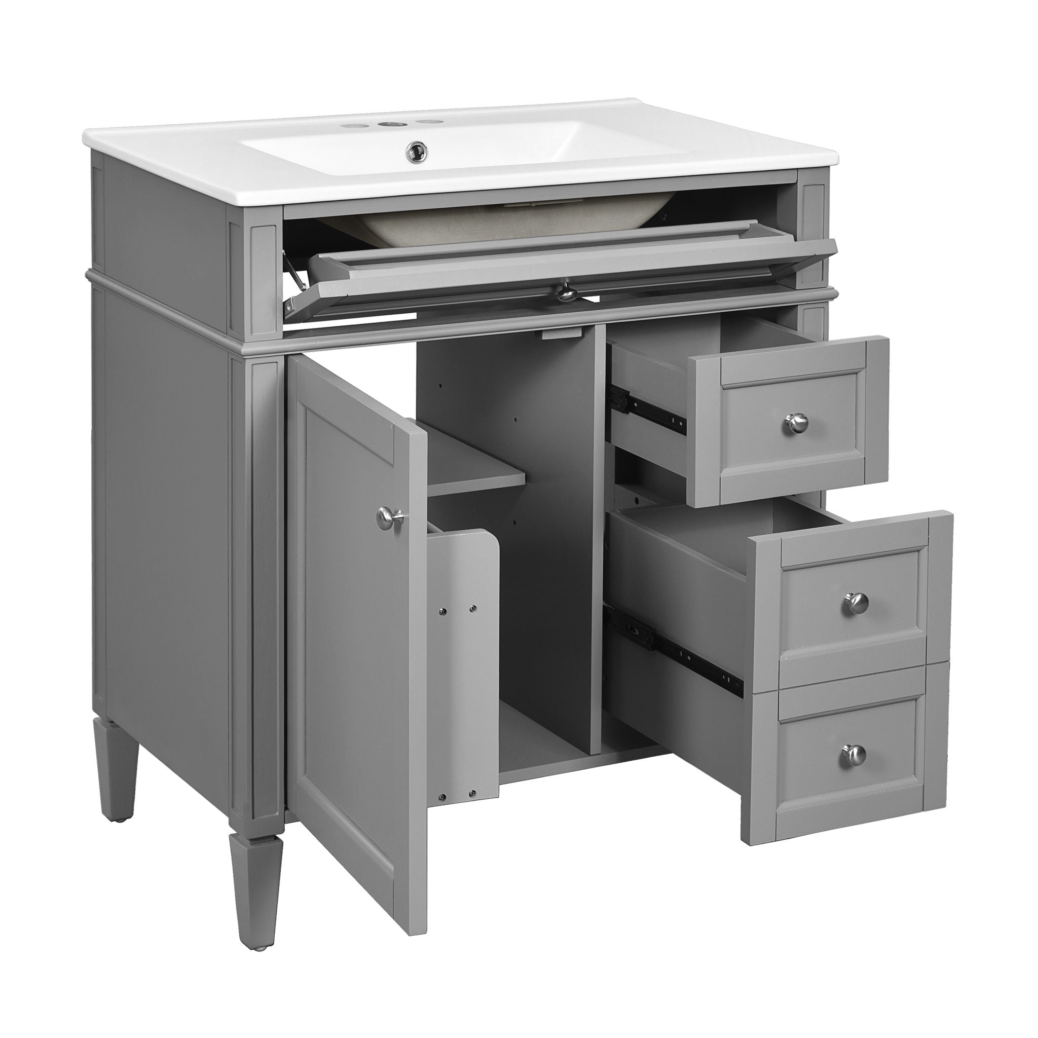 Bathroom Vanity With Top Sink, Freestanding Storage Cabinet With 2 Doors And 3 Drawers, Mirror Cabinet Included - Gray