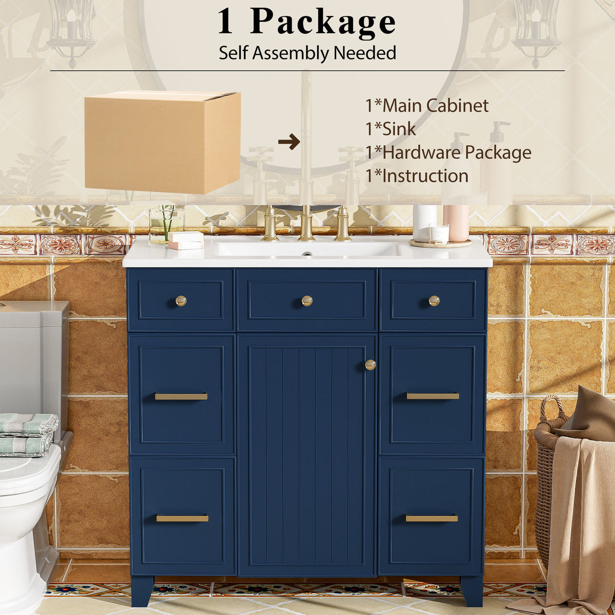 Bathroom Vanity With Ceramic Sink, Soft Close Doors, Adjustable Shelves
