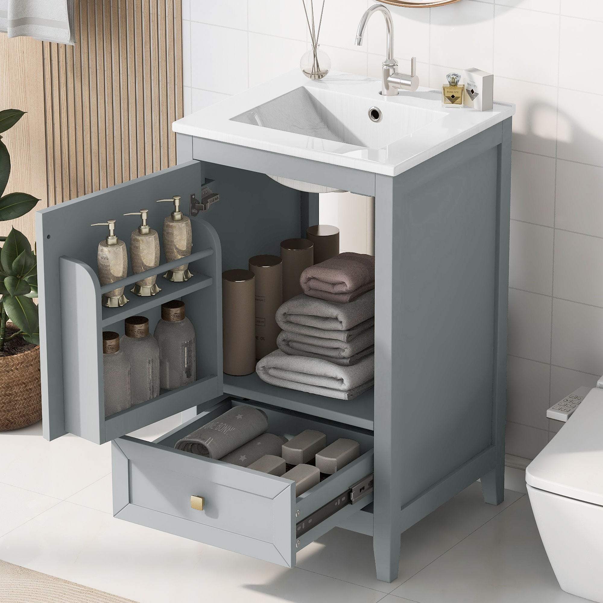 Bathroom Vanity With Sink, Soft Closing Cabinet Door, Storage Rack And Drawer