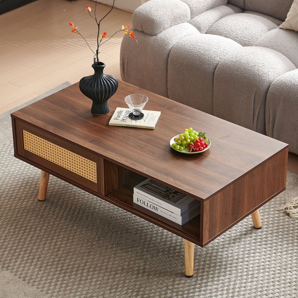 41.34" Rattan Coffee Table, Sliding Door For Storage, Solid Wood Legs, Modern Table For Living Room