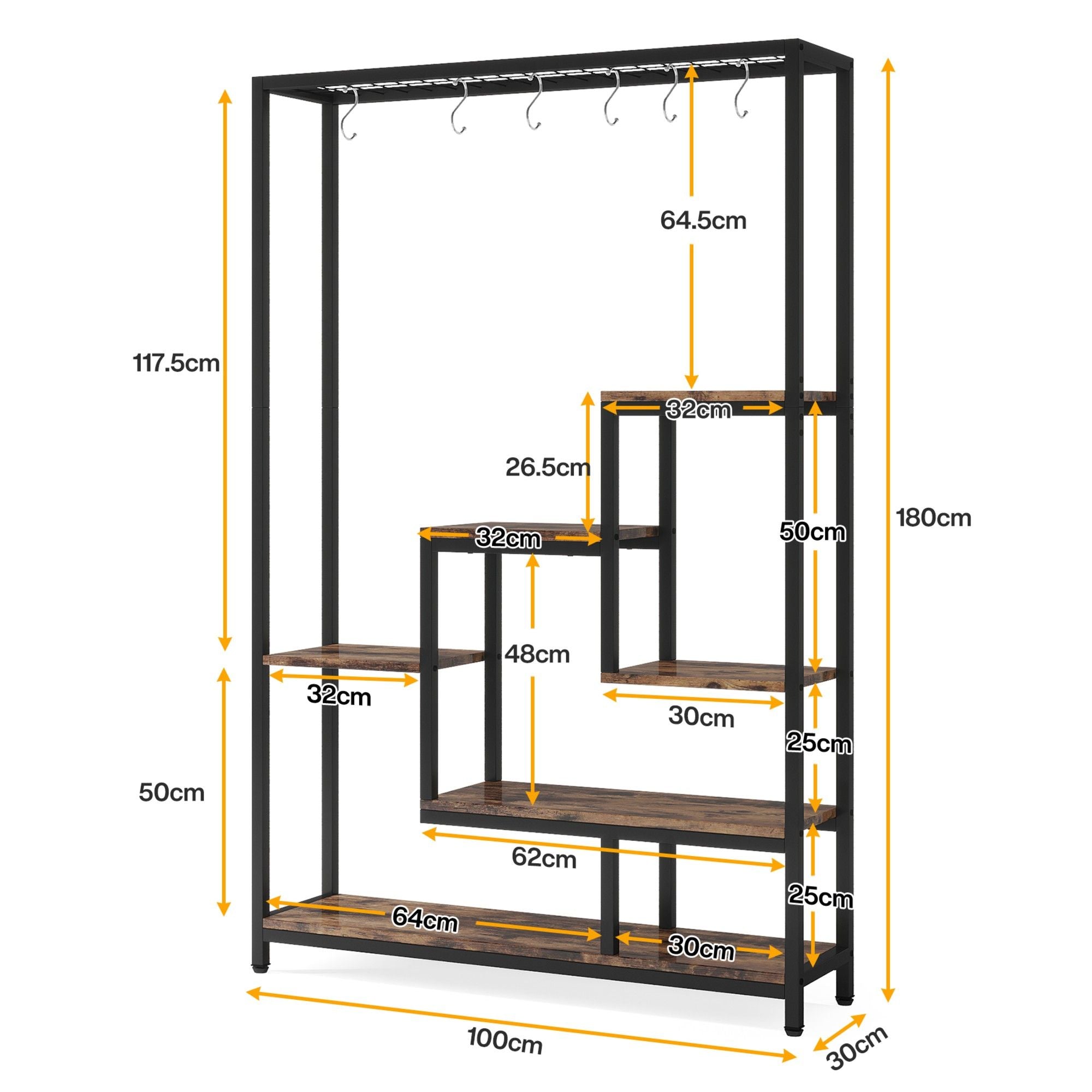 5 Tier Plant Stand With 6 Hooks For Living Room - Brown / Black