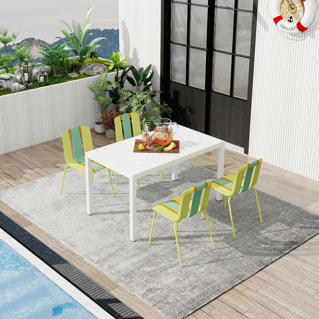 4 Piece Set Of Striped Color Blocking Single Chairs & Long Table - Grain Yellow / Haze Green / Tropical Orange / White