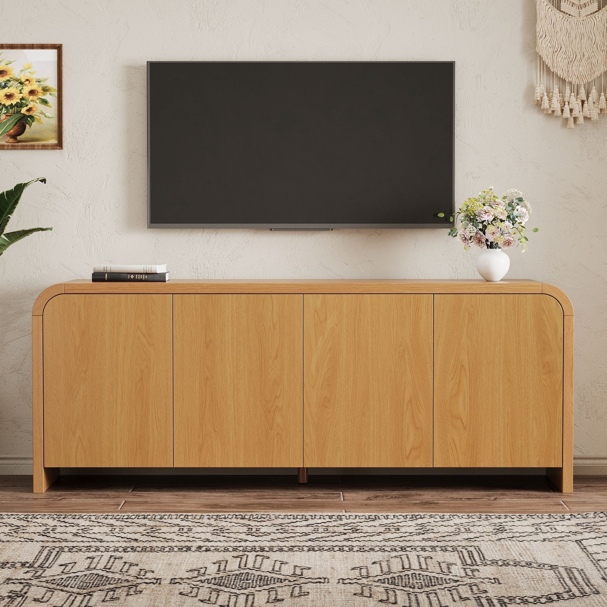 Curved Edge TV Stand With Large Cabinets