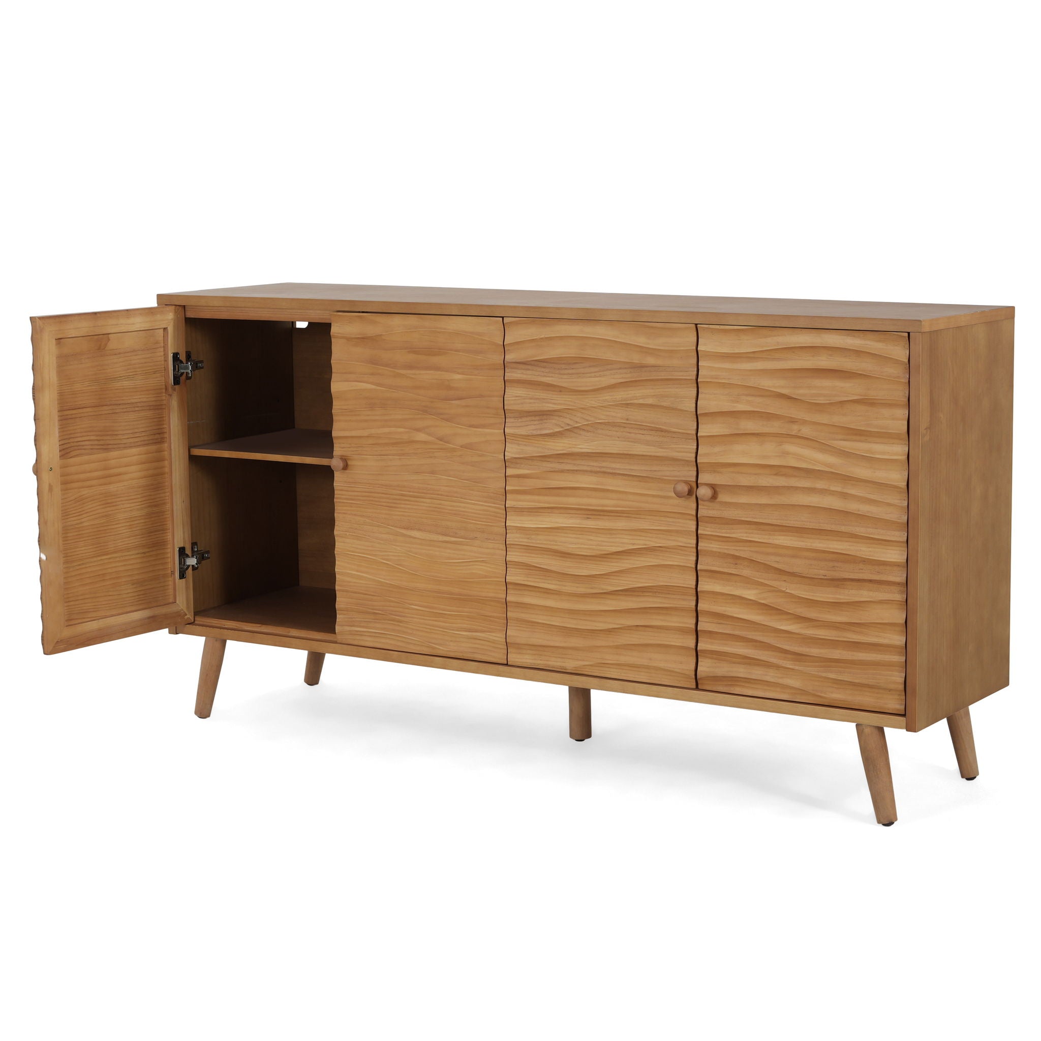 4 Door Sideboard, Wavy Pattern Doors, Adjustable Shelves - Natural