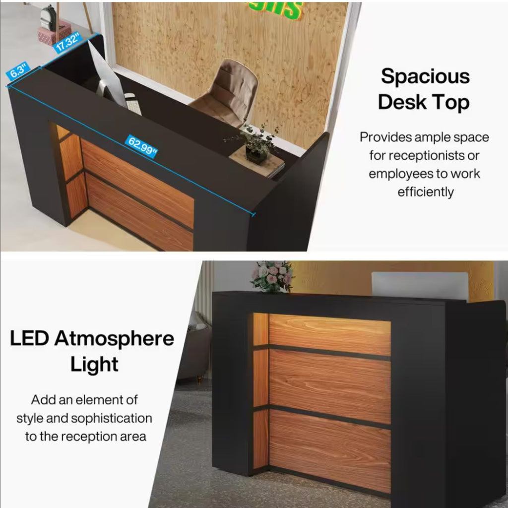 Reception Desk With LED Lights For Office - Black