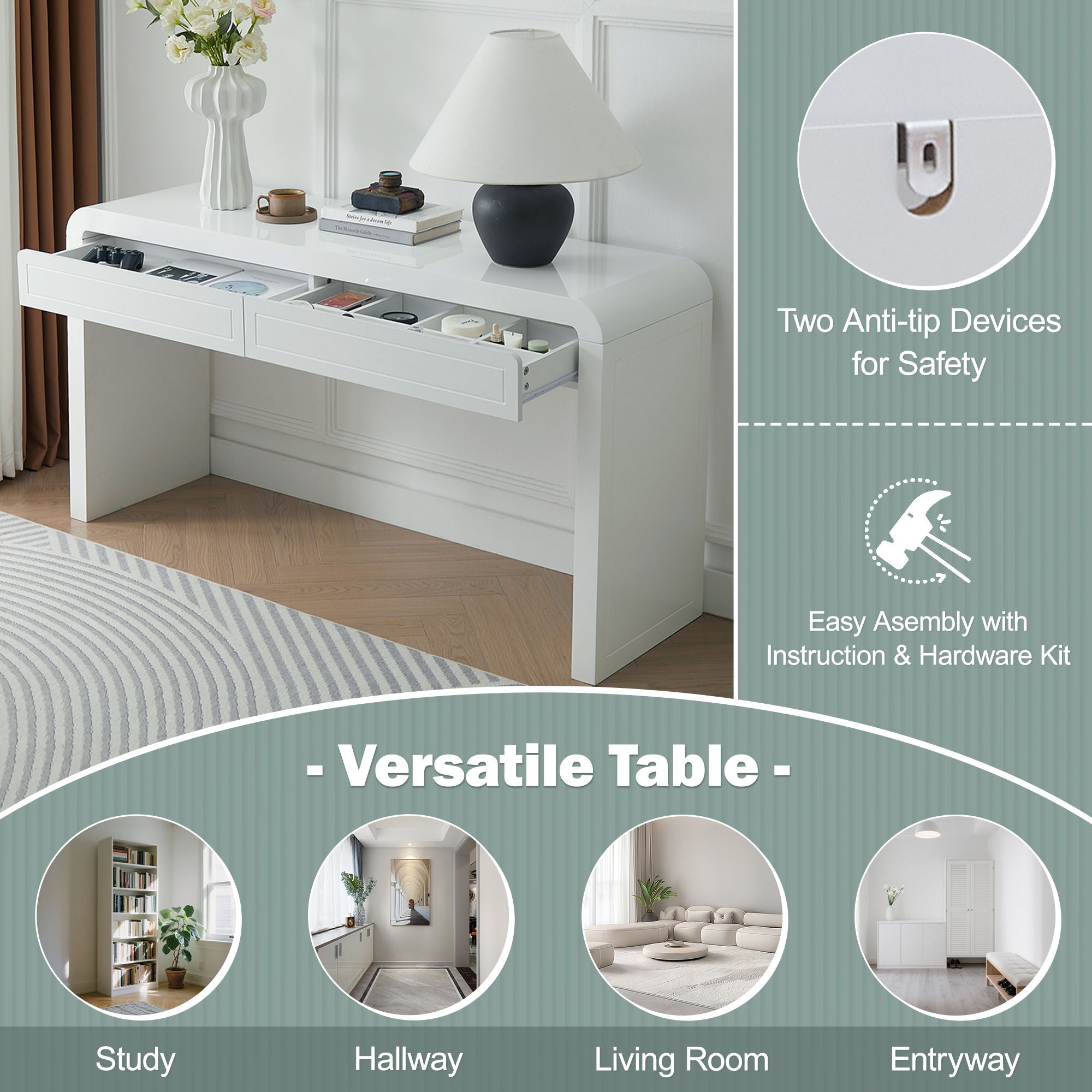 Curved Console Table With Storage, 2 Drawers - White