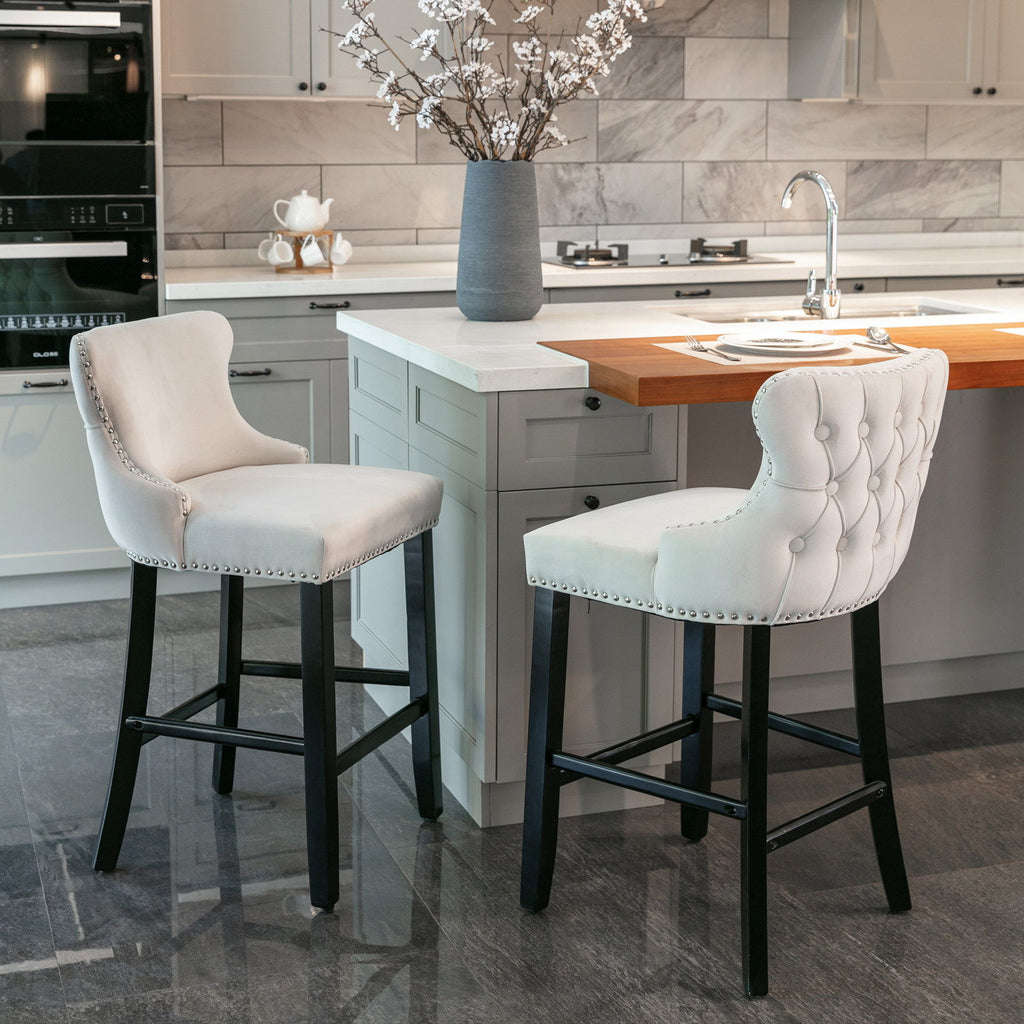 Contemporary Upholstered Wing-Back Barstools With Button Tufted Decoration And Wooden Legs, And Nailhead Trim, Leisure Style Bar Chairs, Bar Stools (Set of 2)