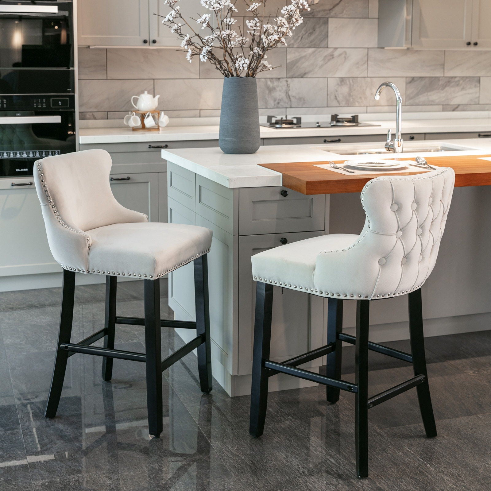 Contemporary Upholstered Wing-Back Barstools With Button Tufted Decoration And Wooden Legs, And Nailhead Trim, Leisure Style Bar Chairs, Bar Stools (Set of 2)