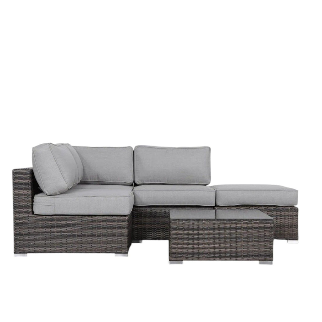Wicker 3 Piece Seating Group With Plush Cushions, Sofa, Ottoman, And Glass Coffee Table - Brown