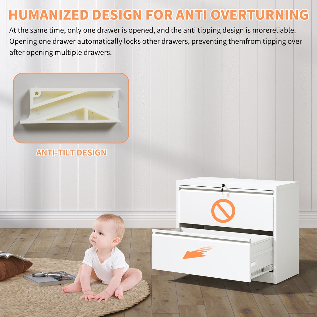 Lateral File Cabinet 2 Drawer, Locking File Cabinet With Anti Tip Interlock, Heavy Duty Storage For Letter / Legal / A4 Files - White