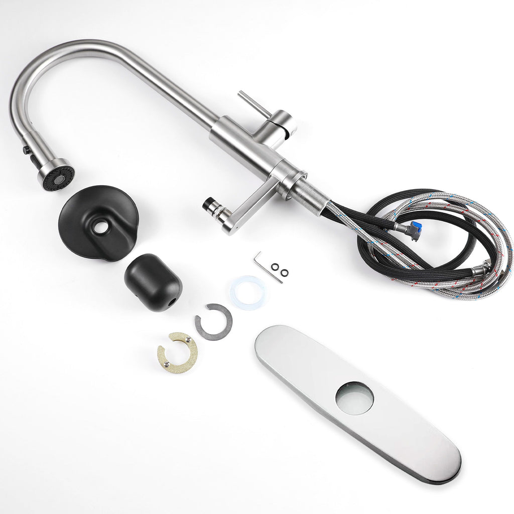 3 In 1 Kitchen Faucet With Press Type Glass Rinser, High Arc Pull Down Sprayer