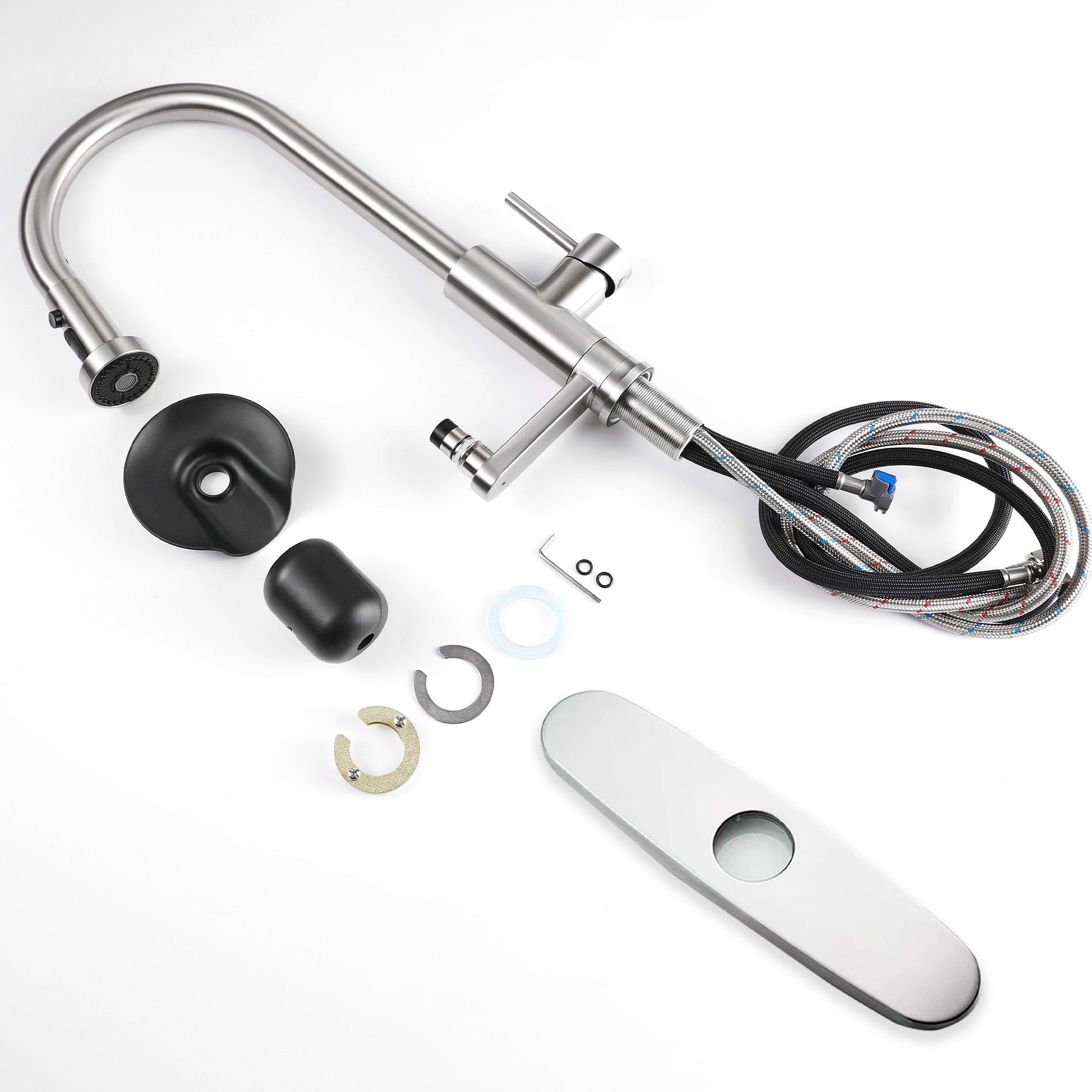 3 In 1 Kitchen Faucet With Press Type Glass Rinser, High Arc Pull Down Sprayer