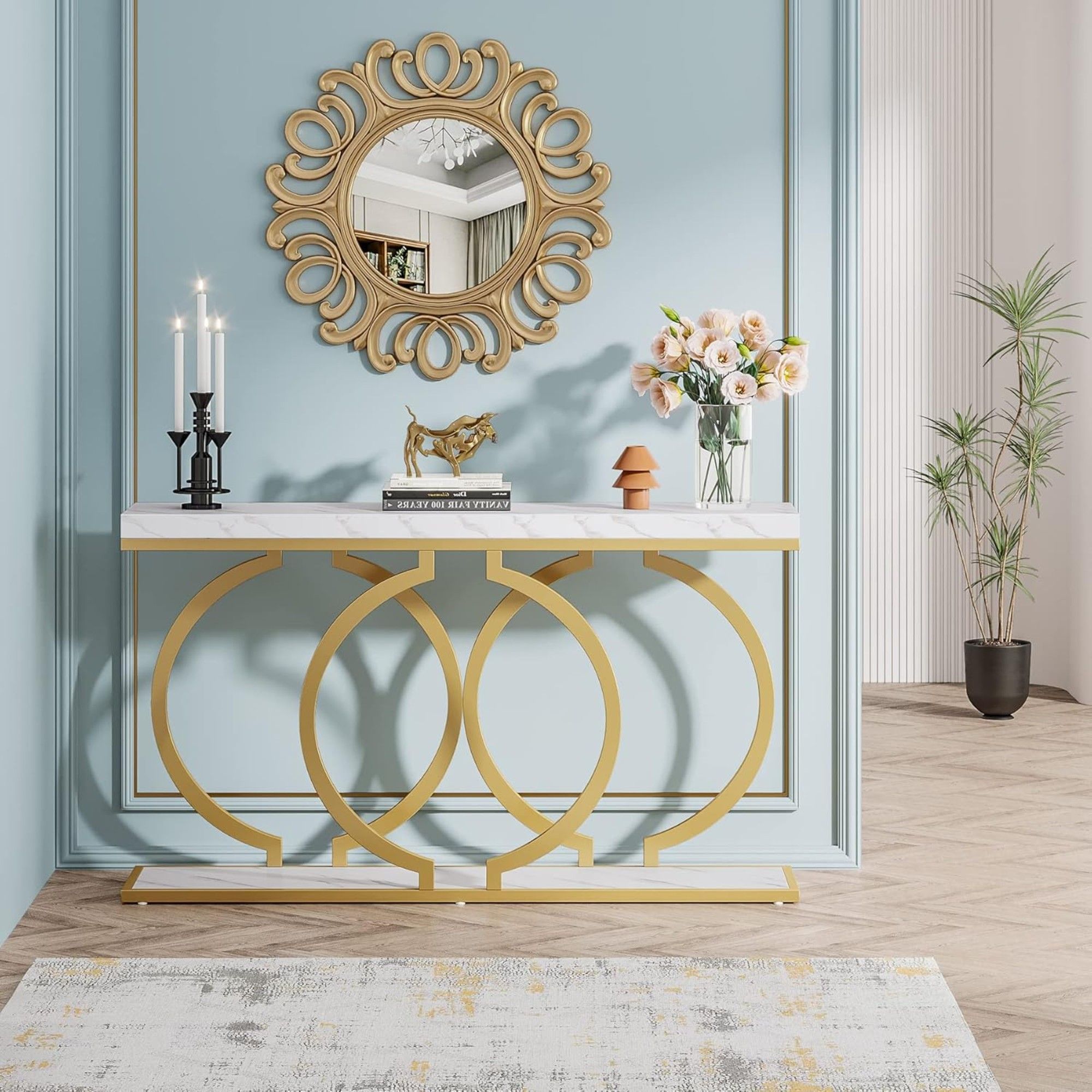 Console Table With Geometric Base For Entryway - Gold / White