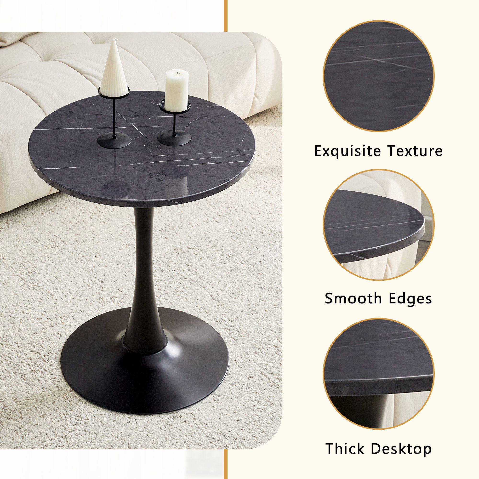 Round Dining Table With Faux Marble Top And Metal Pedestal +, 23.6" Diameter For Kitchen, Living Room, Small Spaces