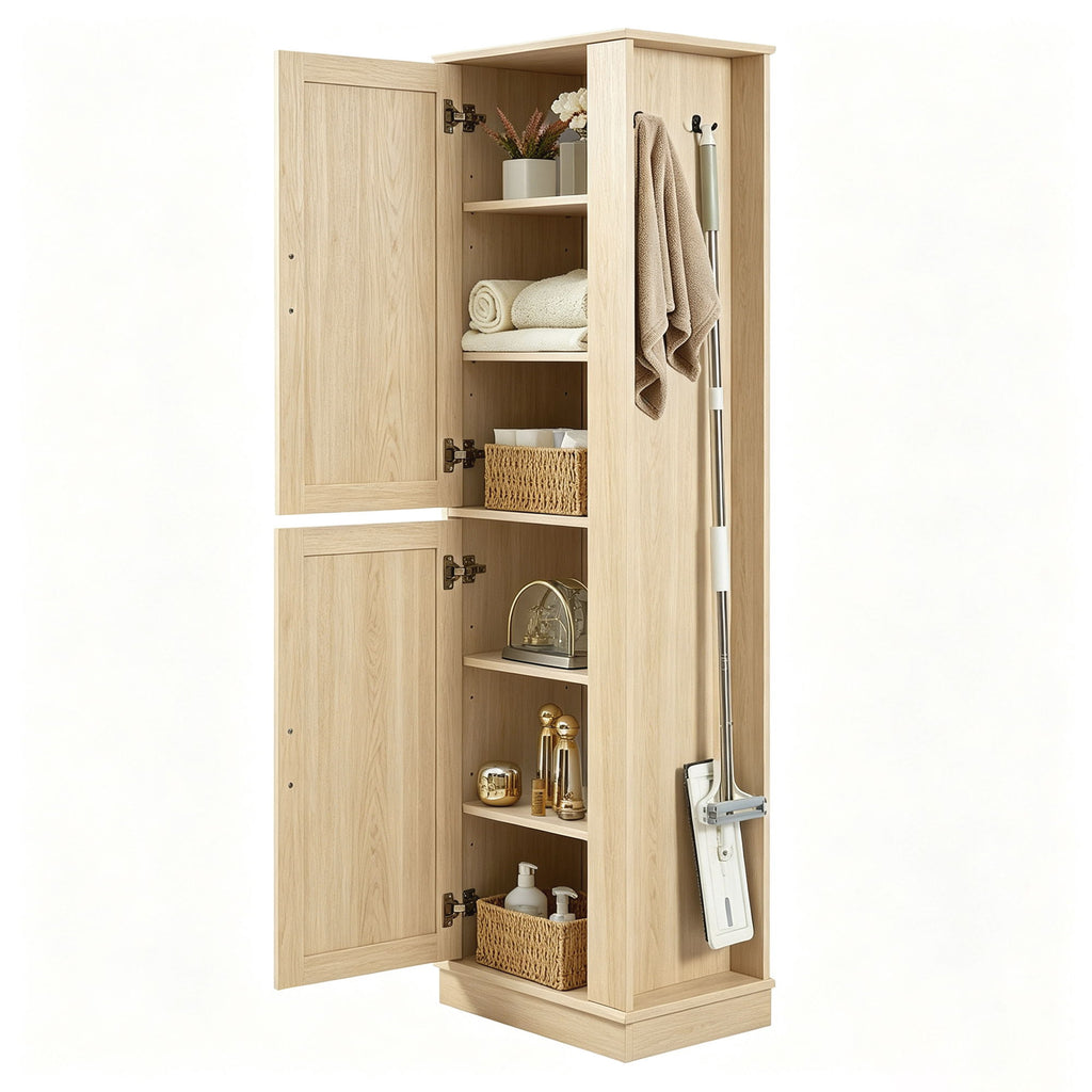 Tall Freestanding Bathroom Storage Cabinet With Adjustable Shelves And Side Hooks