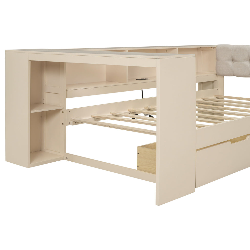 Upholstered Headboard Platform Bed With Storage Shelves, Drawers, Charging Station