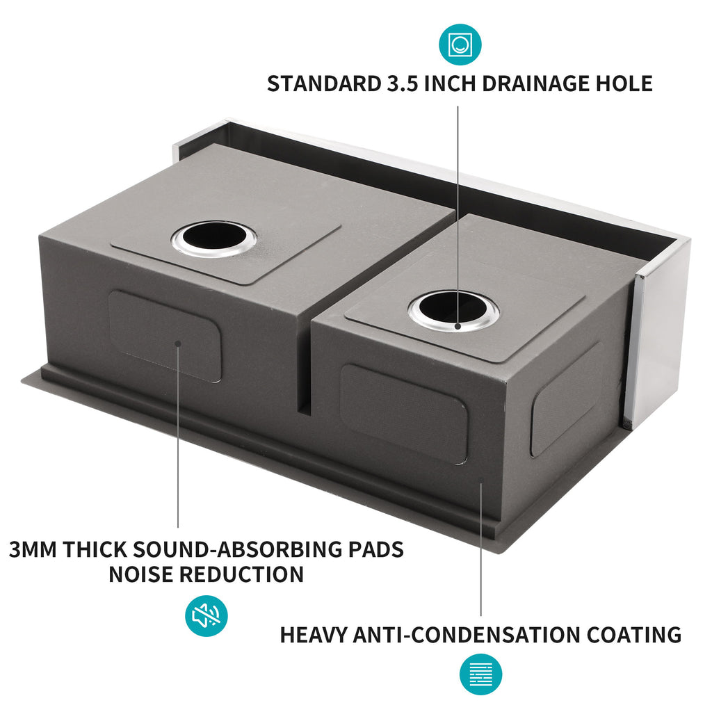Double Bowl Farmhouse Sink Workstation 33" Stainless Steel 16 Gauge Apron Front - Black / Gray
