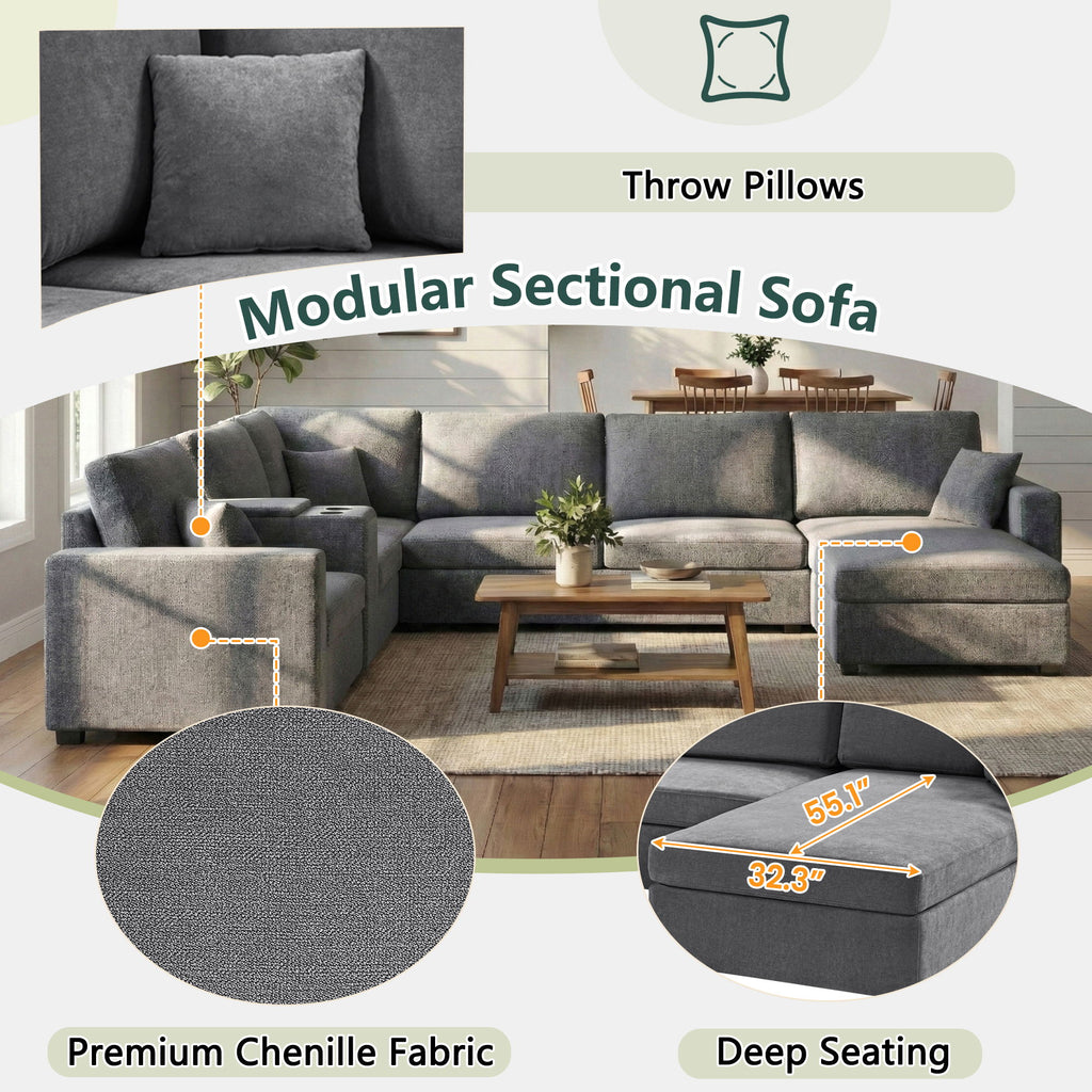 Modular 5 Seat U-Shape Sectional Sofa With Chaise Lounge, Built In Cup Holders And Storage Drawer