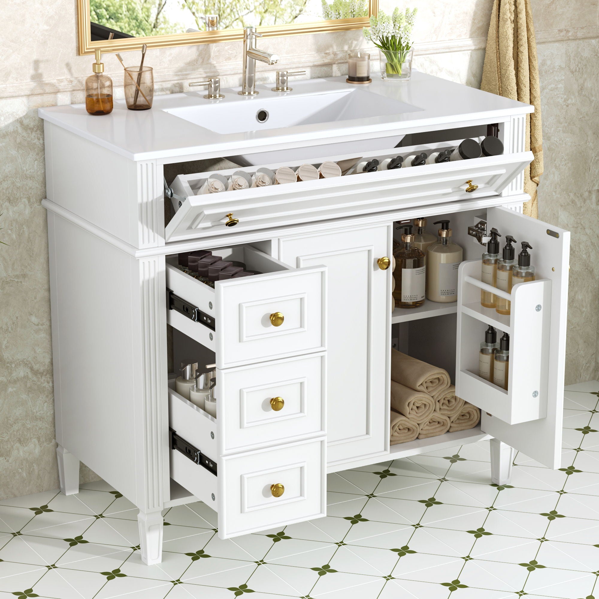 Bathroom Vanity With Sink, 3 Drawers & 2 Doors