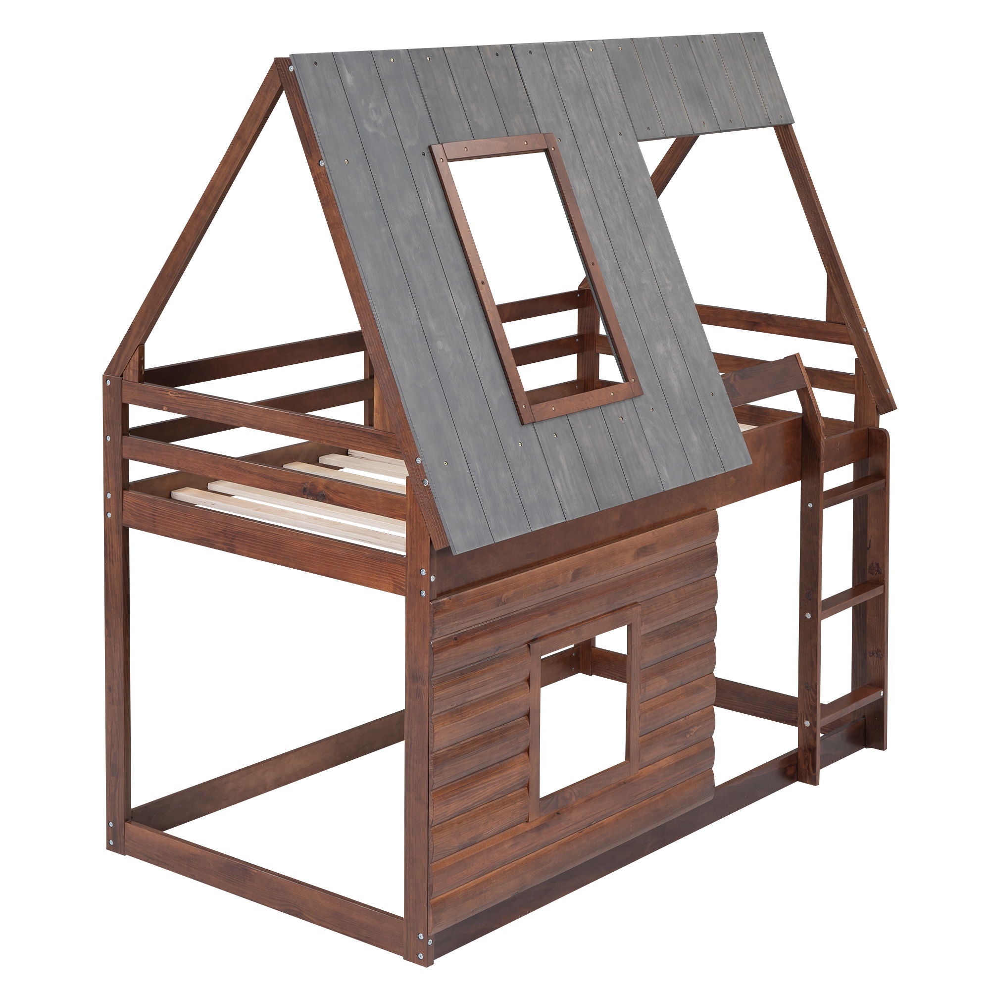 Twin Size House Bunk Bed With Roof, Ladder And 2 Windows - Brown & Smoky Gray