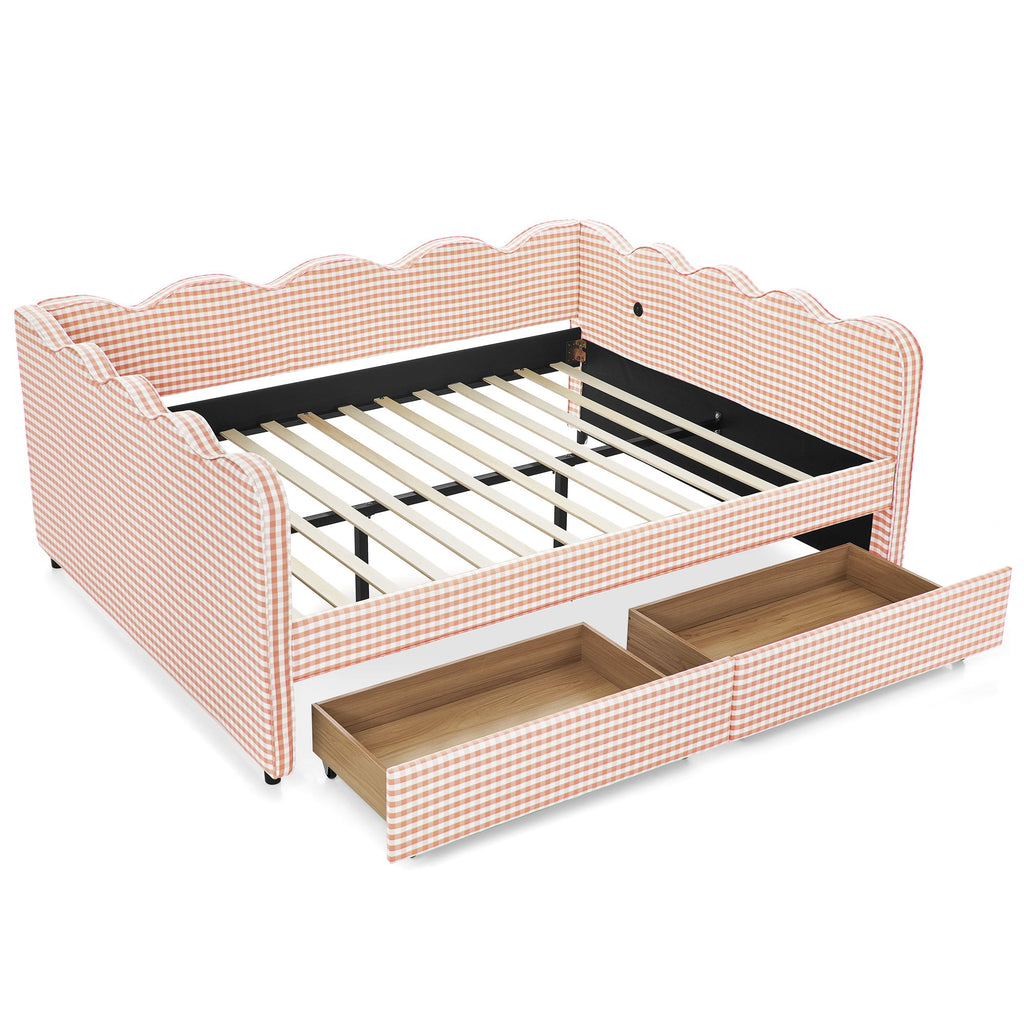 Queen Size Gingham Daybed With 2 Storage Drawers, USB Port, Wave-Shaped Design - Pink