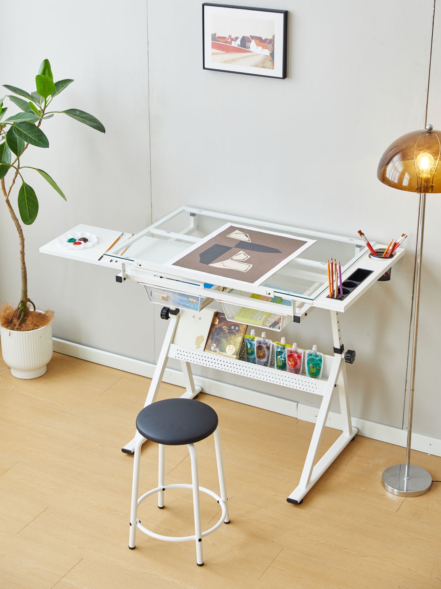 Adjustable Tempered Glass Drafting Printing Table With Chair