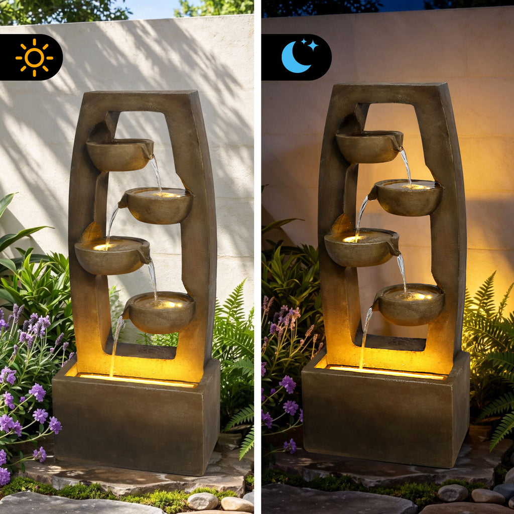 Outdoor Water Fountain With Warm LED Lights, 4 Tier Cascading Bowl For Patio - Brown