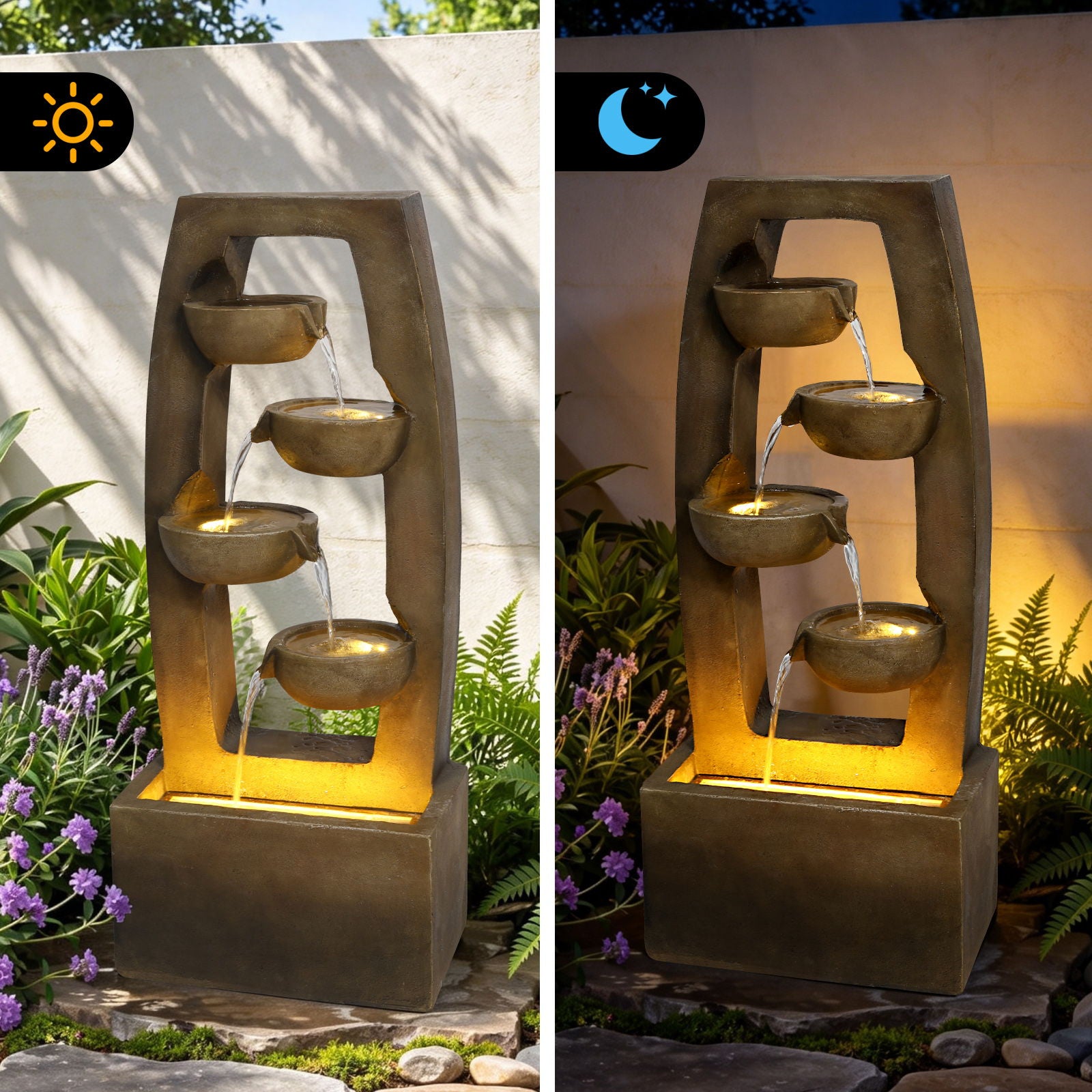Outdoor Water Fountain With Warm LED Lights, 4 Tier Cascading Bowl For Patio - Brown