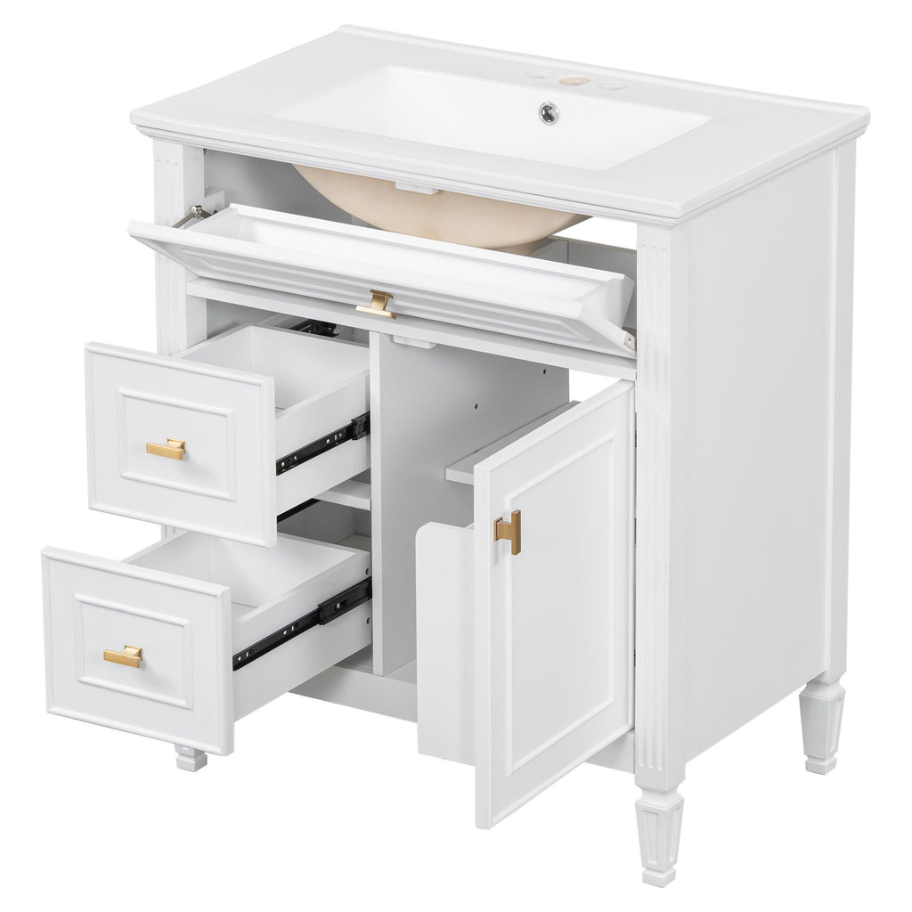 Modern Bathroom Vanity With Sink, 1 Flip Drawer And 2 Drawers, Adjustable Shelf