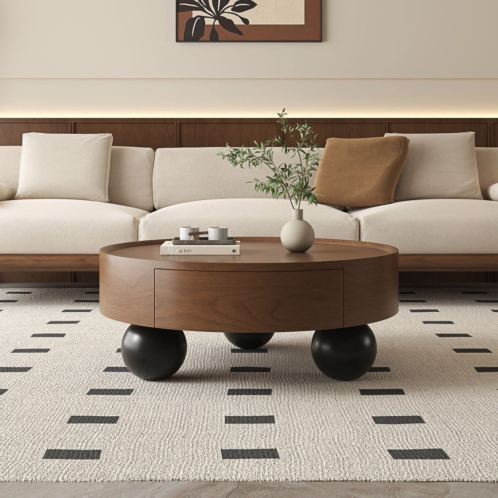 Round Coffee Table With Storage Drawer And Ball Feet - Walnut / Black