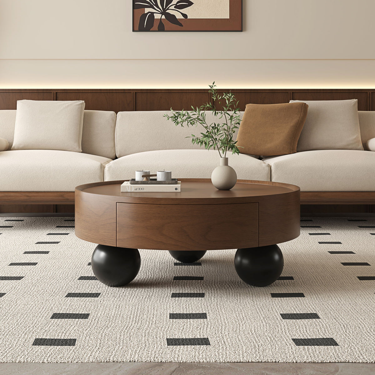 Round Coffee Table With Storage Drawer And Ball Feet - Walnut / Black