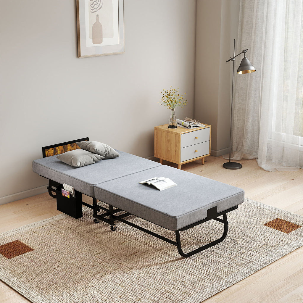 Twin Folding Bed With Headboard & USB Charging Station - Gray