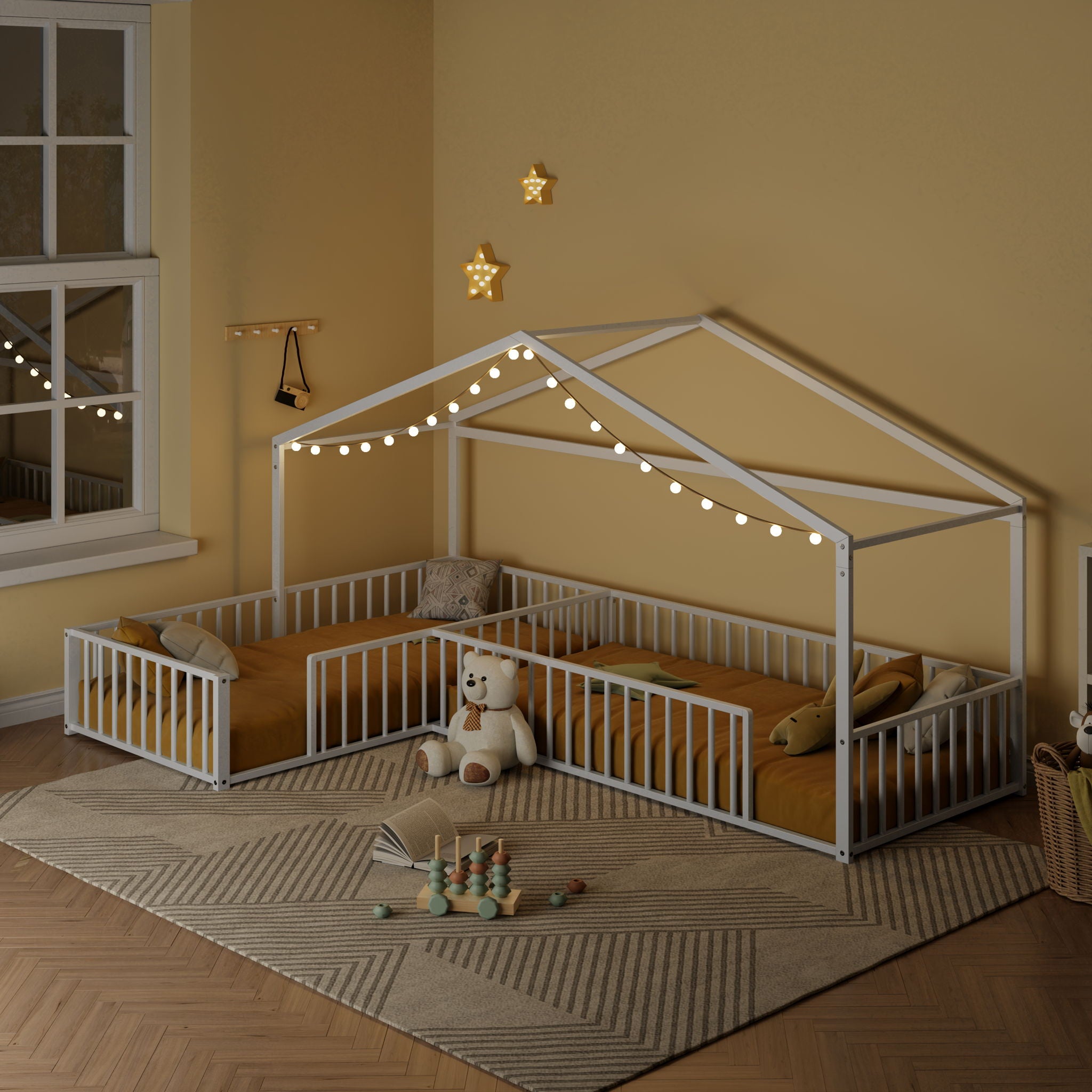 L-Shaped Montessori Bed For 2 Kids With Partitioned Fence