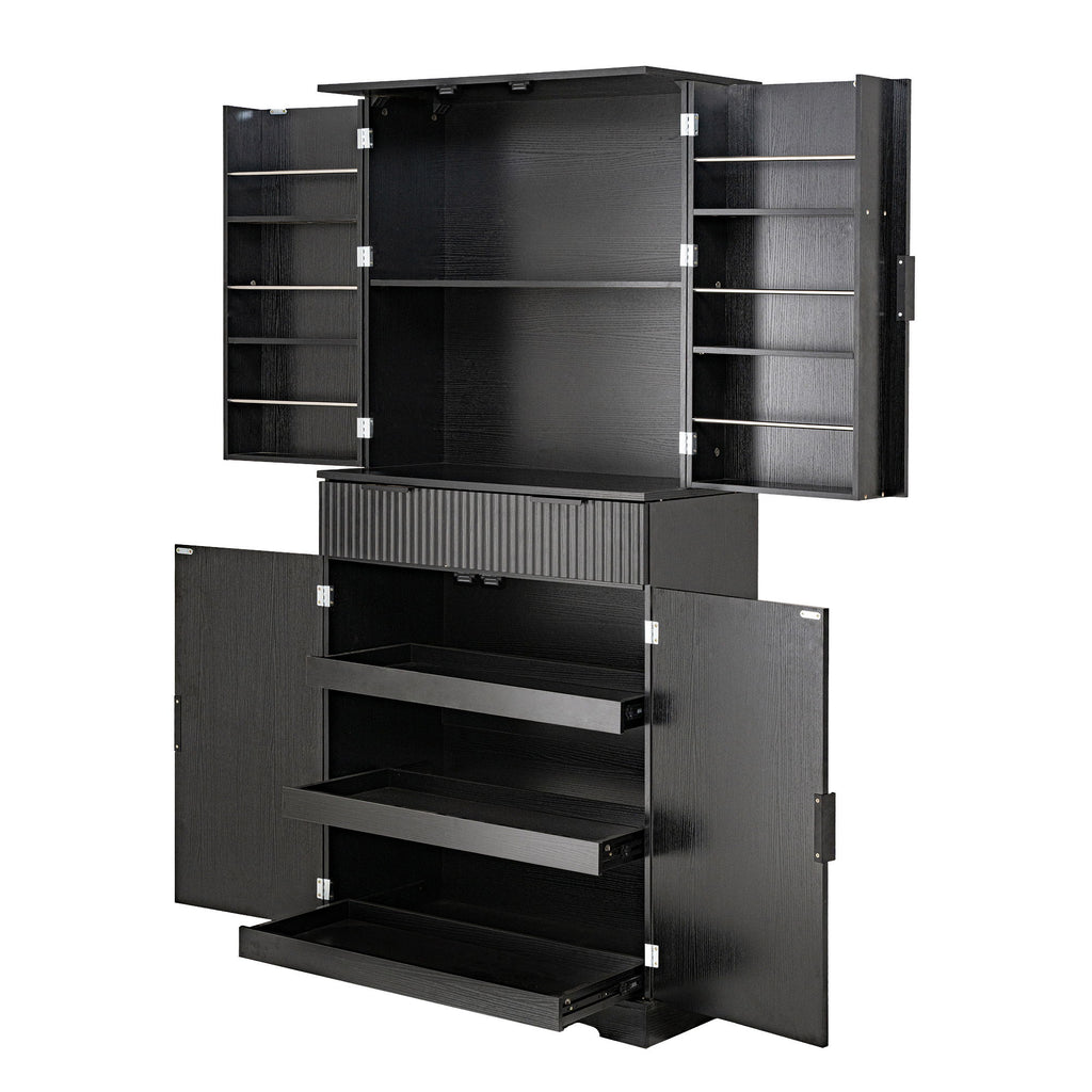 Fluted Kitchen Pantry Cabinet With 3 Keyboard Drawers & 6 Adjustable Door Shelves