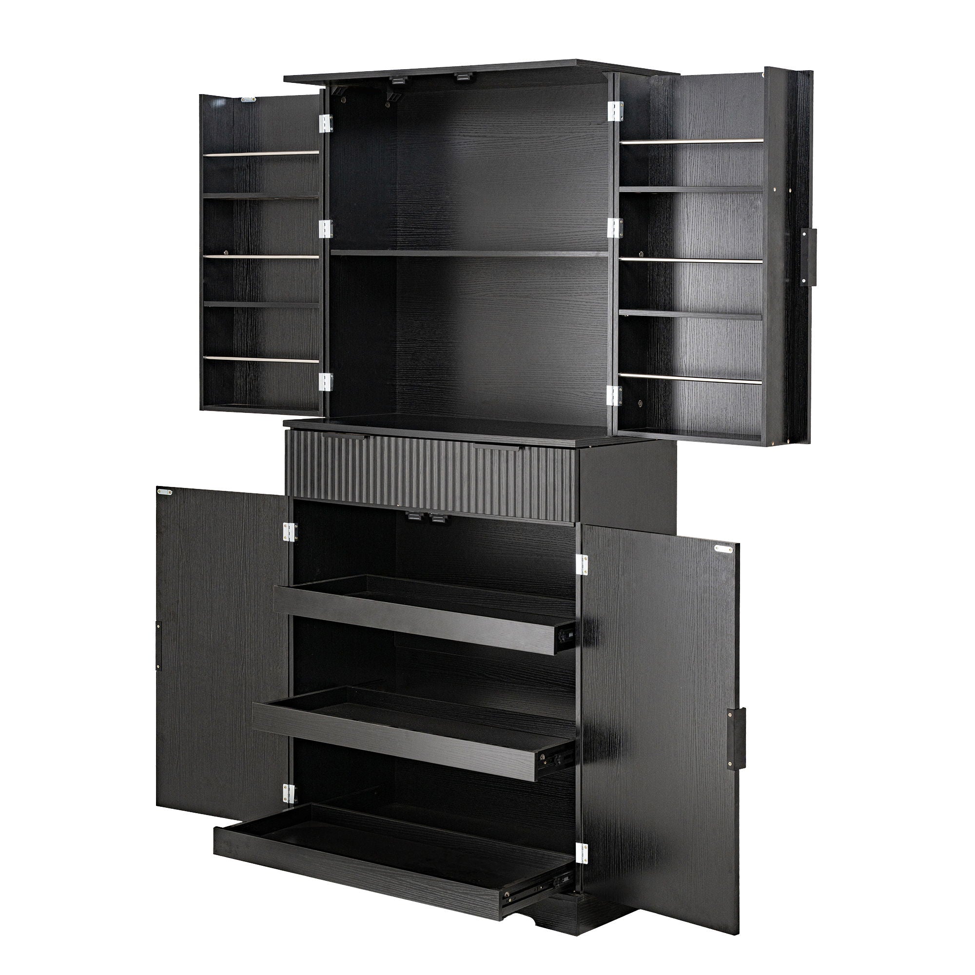Fluted Kitchen Pantry Cabinet With 3 Keyboard Drawers & 6 Adjustable Door Shelves