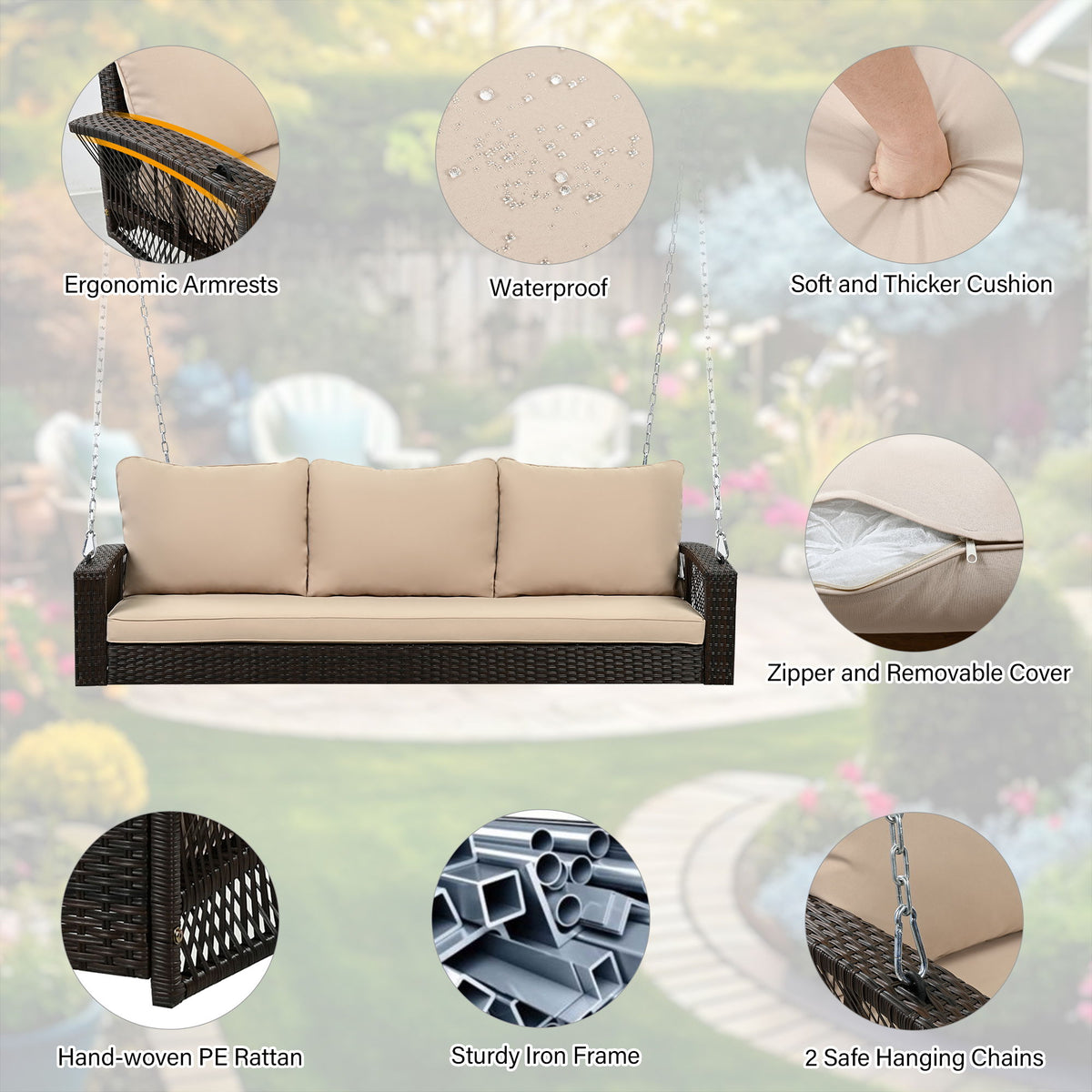 3 Person Large Patio Swing Bench With Cushions For Backyard